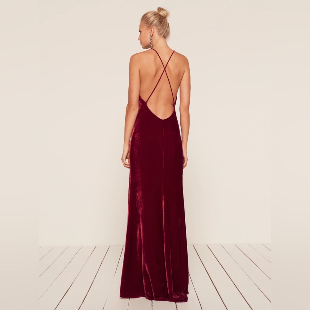 Reformation Rimini Dress. Green velvet floor length, size small
